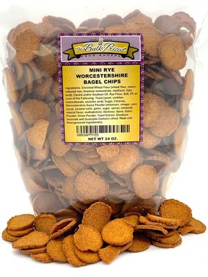 Mini Rye Worcestershire Bagel Chips, Bulk Size, (1.5 lb. Resealable Zip Lock Stand Up Bag)