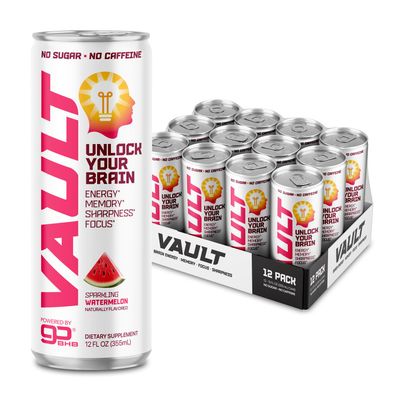 VAULT Caffeine Free Brain Energy Drink - Nootropic for Mental Focus Sharpness Memory and Reaction Time - No Crash or Jitters - Sugar Free - 12 Fl Oz (Pack of 12) - Sour Watermelon Flavor