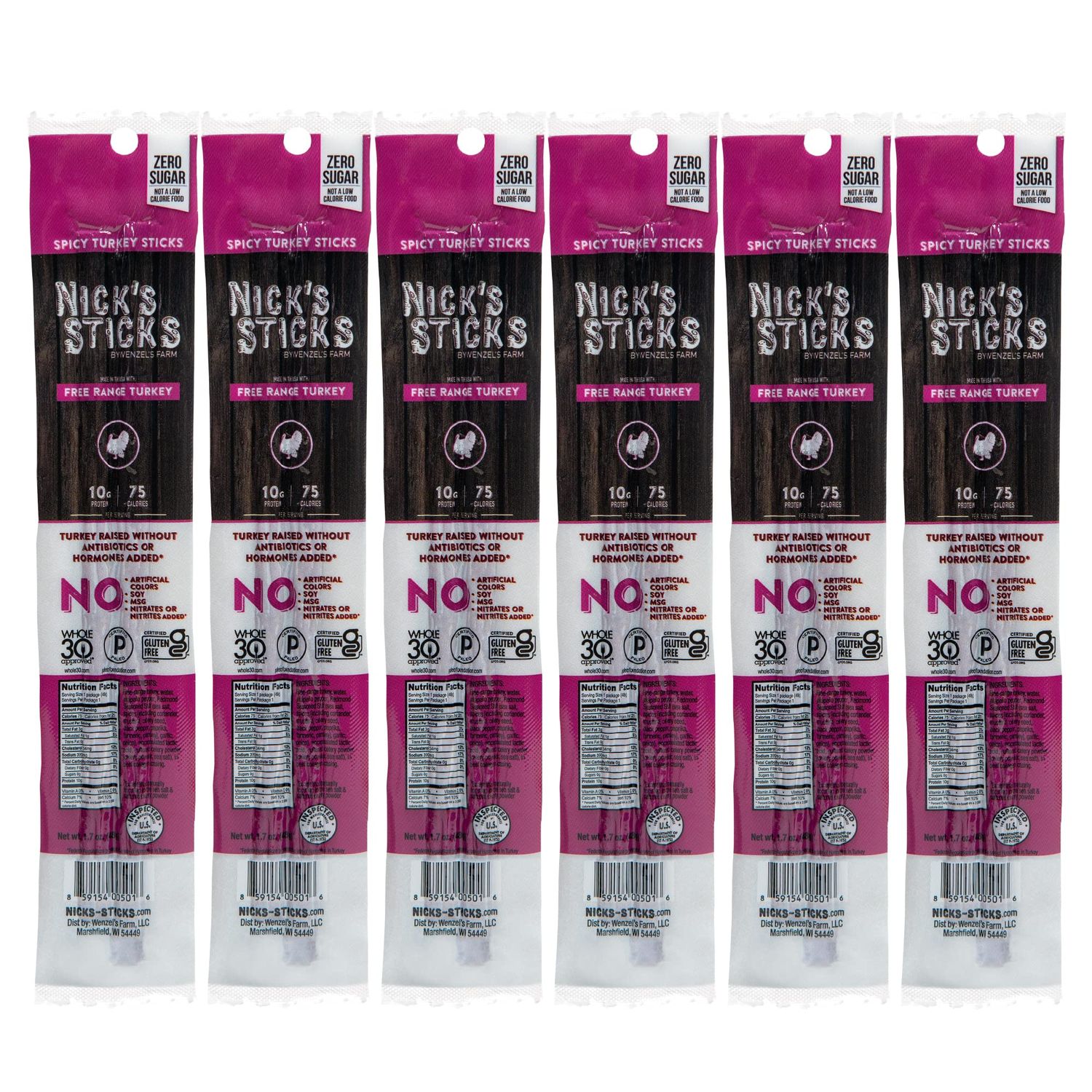 Nick&#39;s Sticks Spicy Free Range Turkey Snack Sticks | Made in the USA | Gluten Free | Paleo, Keto, Whole30 Approved | No Soy, Antibiotics or Hormones (6 - 1.7oz. Packs of 2 Sticks)