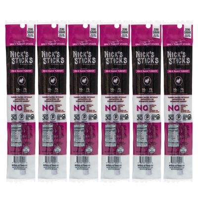 Nick&#39;s Sticks Spicy Free Range Turkey Snack Sticks | Made in the USA | Gluten Free | Paleo, Keto, Whole30 Approved | No Soy, Antibiotics or Hormones (6 - 1.7oz. Packs of 2 Sticks)