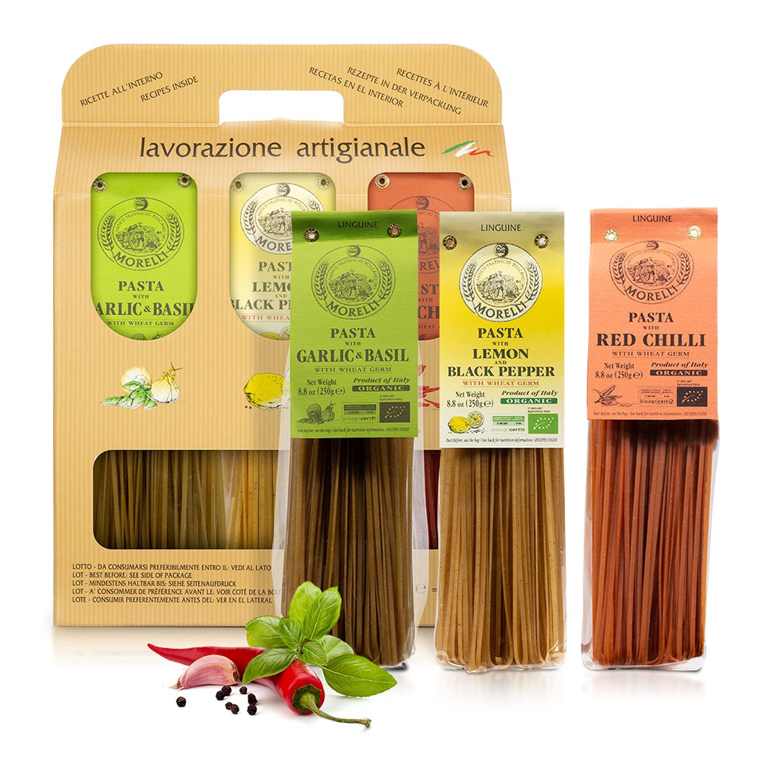 Morelli Gourmet Pasta Italian Gift Basket From Italy - Tricolor Pasta Linguine Set - Red Chili, Garlic &amp; Basil, and Lemon Pasta - Tricolored Organic Pasta from Italy, Made in Italy (3x 8.8 Ounce)