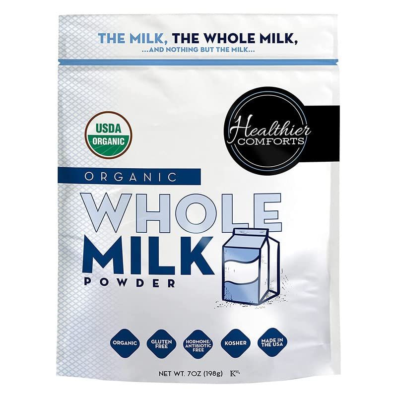 Healthier Comforts Organic Whole Milk Powder  Certified USDA Organic Powdered Milk  Kosher Gluten Free NonGMO Dry Milk Powder Whole Milk  Dried Milk w Resealable Packaging Shelf Stable Milk 7oz