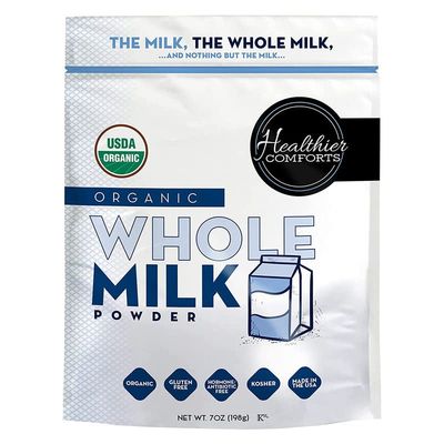Healthier Comforts Organic Whole Milk Powder  Certified USDA Organic Powdered Milk  Kosher Gluten Free NonGMO Dry Milk Powder Whole Milk  Dried Milk w Resealable Packaging Shelf Stable Milk 7oz
