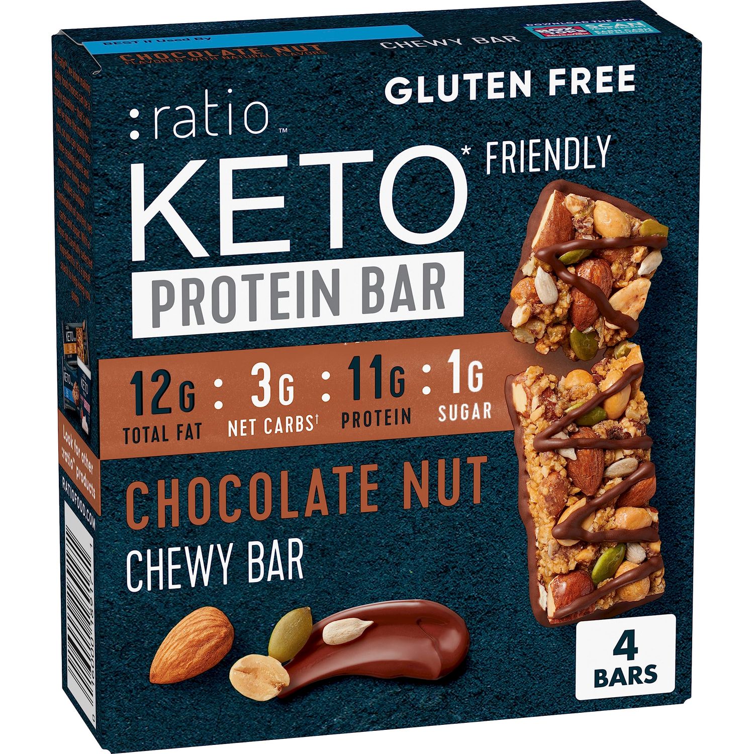 Ratio Chewy Protein Bar, Chocolate Nut, 11g Protein, Keto Friendly, 5.6 OZ (4 Bars)