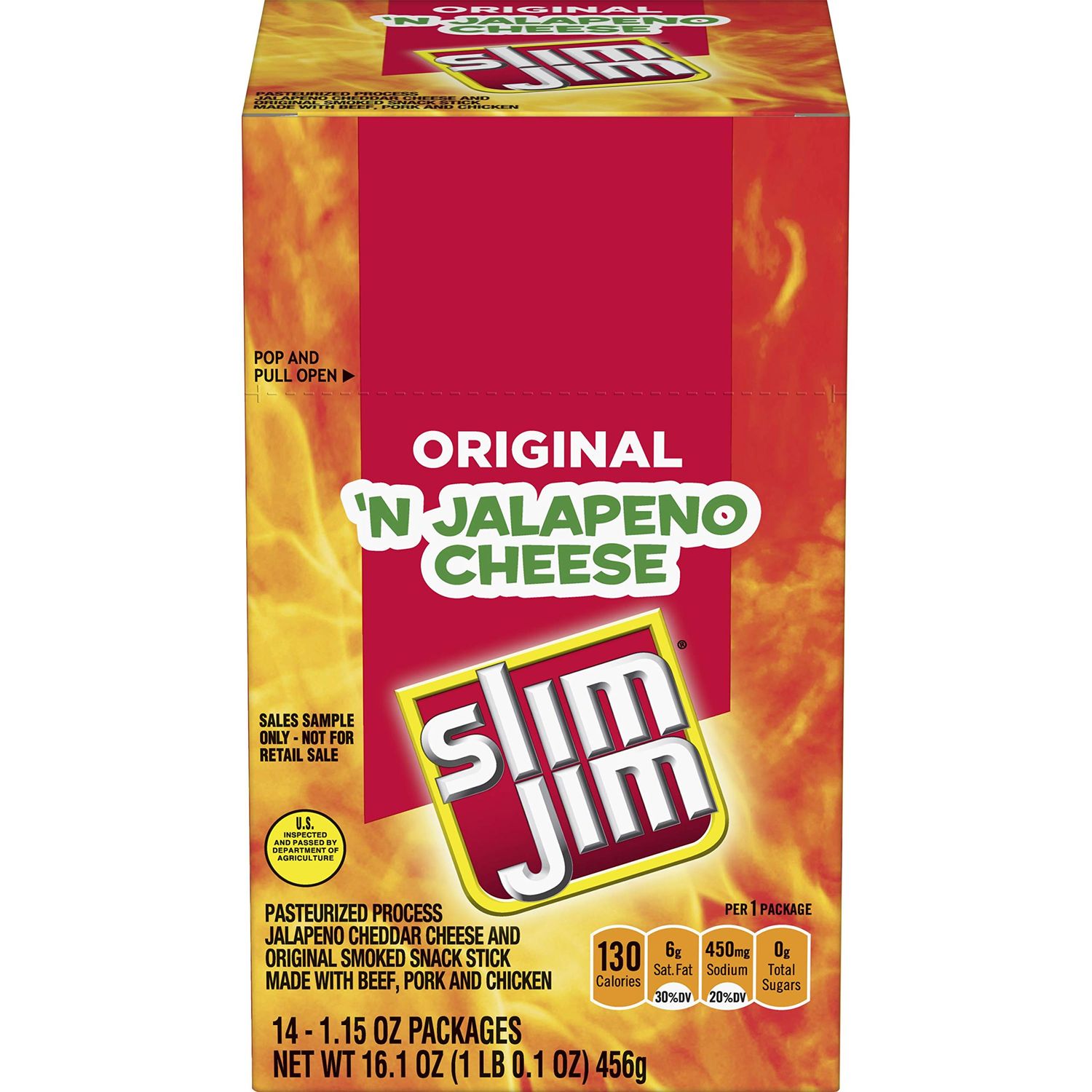 Slim Jim Beef &#39;N Jalapeno Cheese Smoked Meat Sticks, Original Flavor, 7g Protein Per Serving, Great Stocking Stuffer, 1.15 oz. (14 Count)