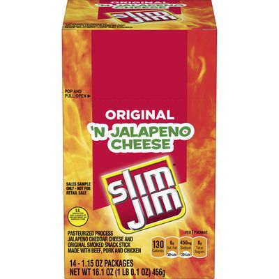Slim Jim Beef &#39;N Jalapeno Cheese Smoked Meat Sticks, Original Flavor, 7g Protein Per Serving, Great Stocking Stuffer, 1.15 oz. (14 Count)