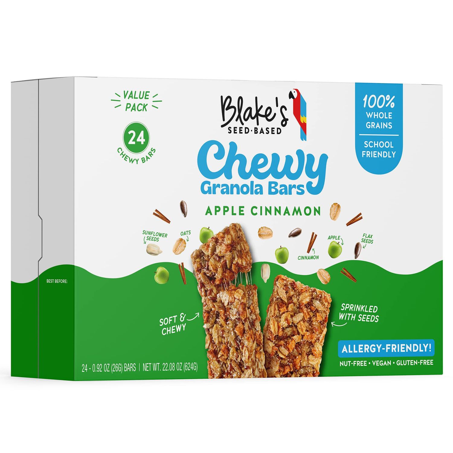 Blakes Seed Based Chewy Granola Bars - Apple Cinnamon (24 Count), Vegan, Gluten Free, Nut Free &amp; Dairy Free, Healthy Snacks for Kids or Adults, School Safe, Low Calorie Soy Free Snack