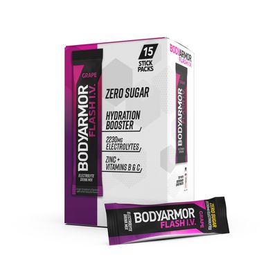 BODYARMOR Flash IV Electrolyte Packets, Grape - Zero Sugar Drink Mix, Single Serve Packs, Coconut Water Powder, Hydration for Workout, Travel Essentials, Just Add Sticks to Liquid (15 Count)