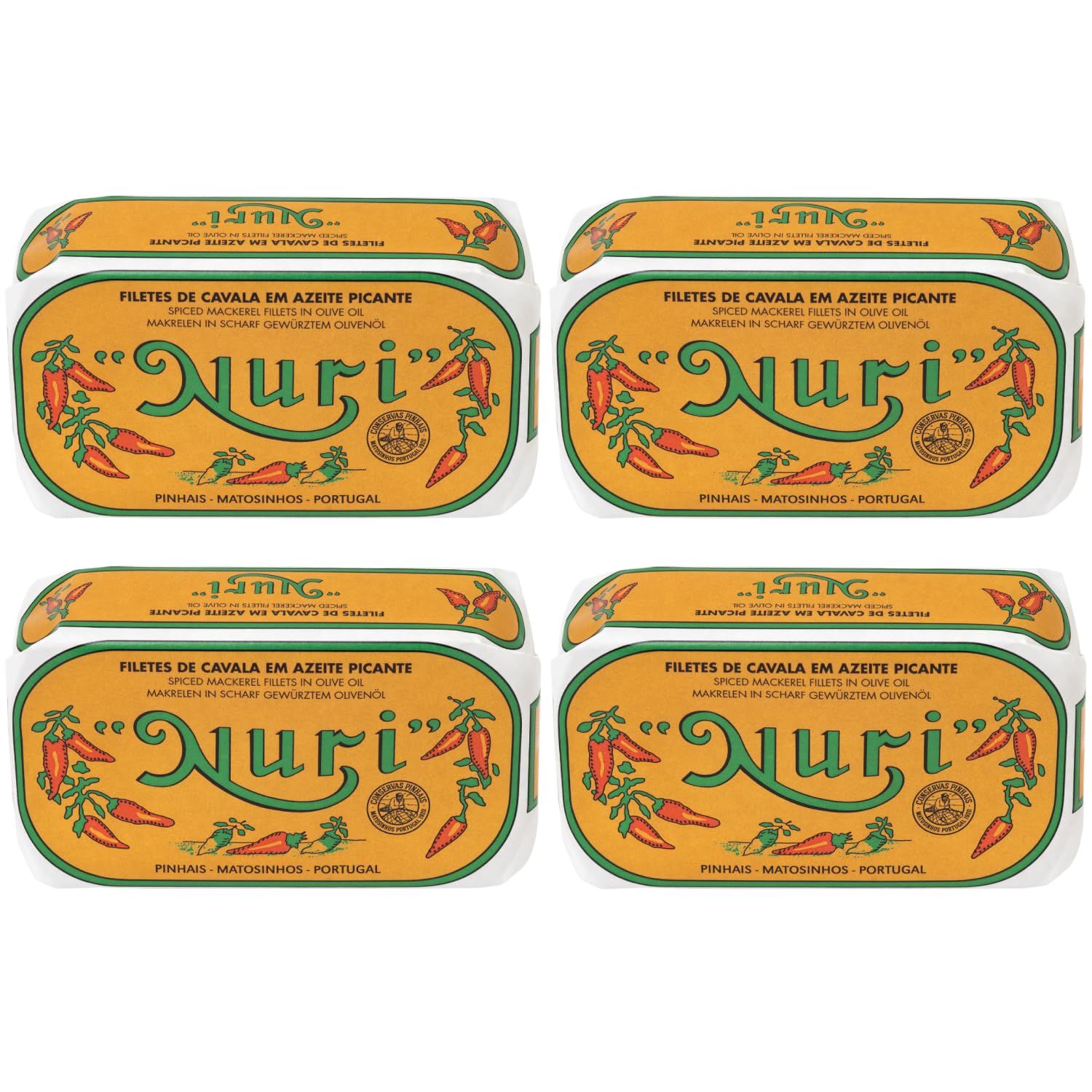 Nuri Mackerel Fillets Spiced in Olive Oil | 4 Pack | Product of Portugal | Premium Wild Caught, Hand Selected and Packaged | 100% Natural | Gourmet fish in 4.4 oz can (125 Gram)