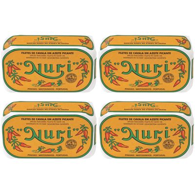 Nuri Mackerel Fillets Spiced in Olive Oil | 4 Pack | Product of Portugal | Premium Wild Caught, Hand Selected and Packaged | 100% Natural | Gourmet fish in 4.4 oz can (125 Gram)