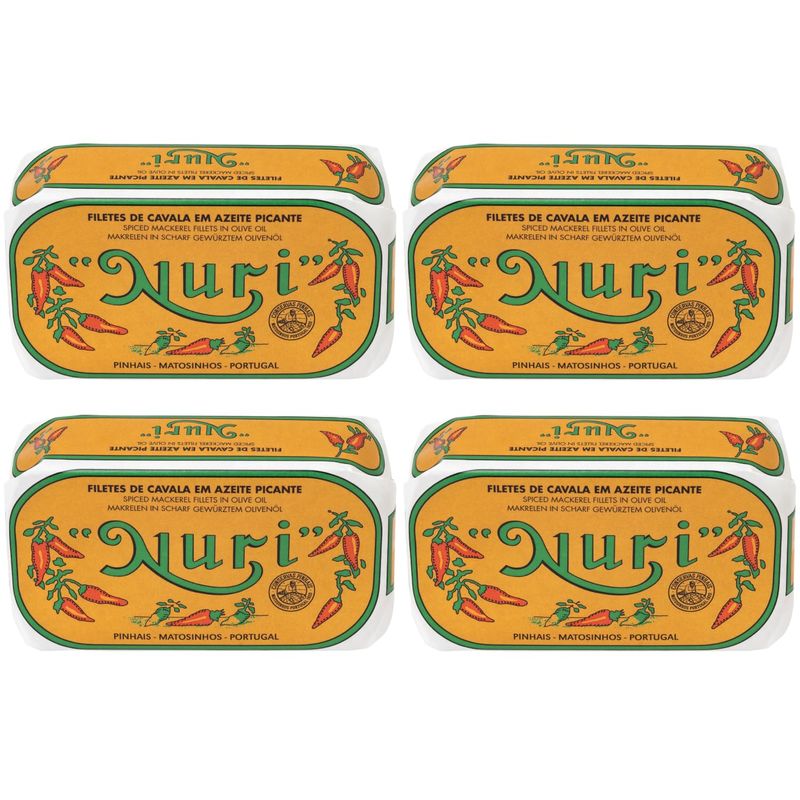 Nuri Mackerel Fillets Spiced in Olive Oil | 4 Pack | Product of Portugal | Premium Wild Caught, Hand Selected and Packaged | 100% Natural | Gourmet fish in 4.4 oz can (125 Gram)