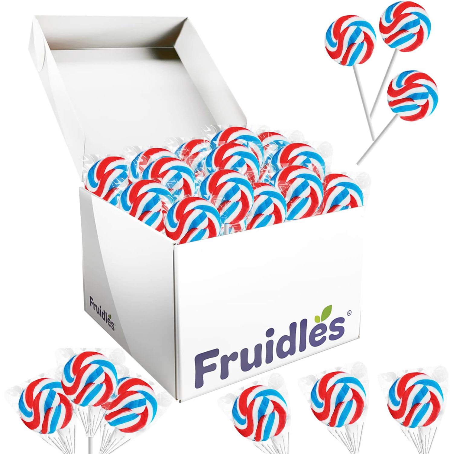 Fruidles Round Patriotic Lollipop, USA Red, Blue, &amp; White Mixed Fruit Flavor, Individually Wrapped, 1.5 Inch (15 gram) Sucker (12-Pack)