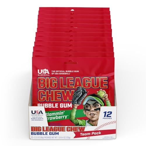 Big League Chew Slammin&#39; Strawberry Bubble Gum - Sweet Strawberry Sensation | Perfect for Baseball Games, Teams, Concessions, Parties, and More | Pack of 12 Bags (2.12oz Each)