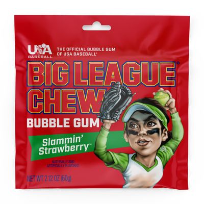 Big League Chew Slammin' Strawberry Bubble Gum - Sweet Strawberry Sensation | Perfect for Baseball Games, Teams, Concessions, Parties, and More | Pack of 12 Bags (2.12oz Each)