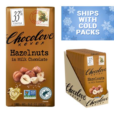 Chocolove Hazelnut Milk Chocolate Bars | 33% Cocoa | Roasted Oregon Hazelnut Bits | Crafted with Silky Smooth Belgian Chocolate | Non GMO, Rainforest Alliance Certified, 3.2oz Bar (12 Pack)