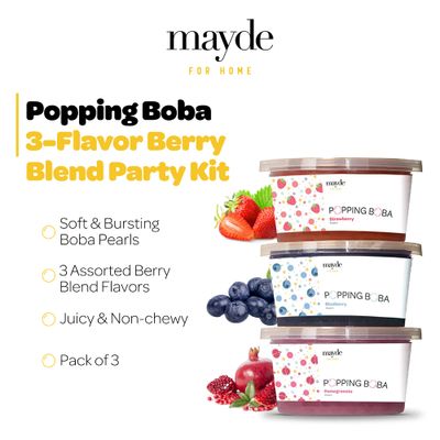 Mayde 3-Flavor Popping Boba Pearls Berry Blend Party Kit- Strawberry, Blueberry, &amp; Pomegranate (3-Pack, 490 Grams)