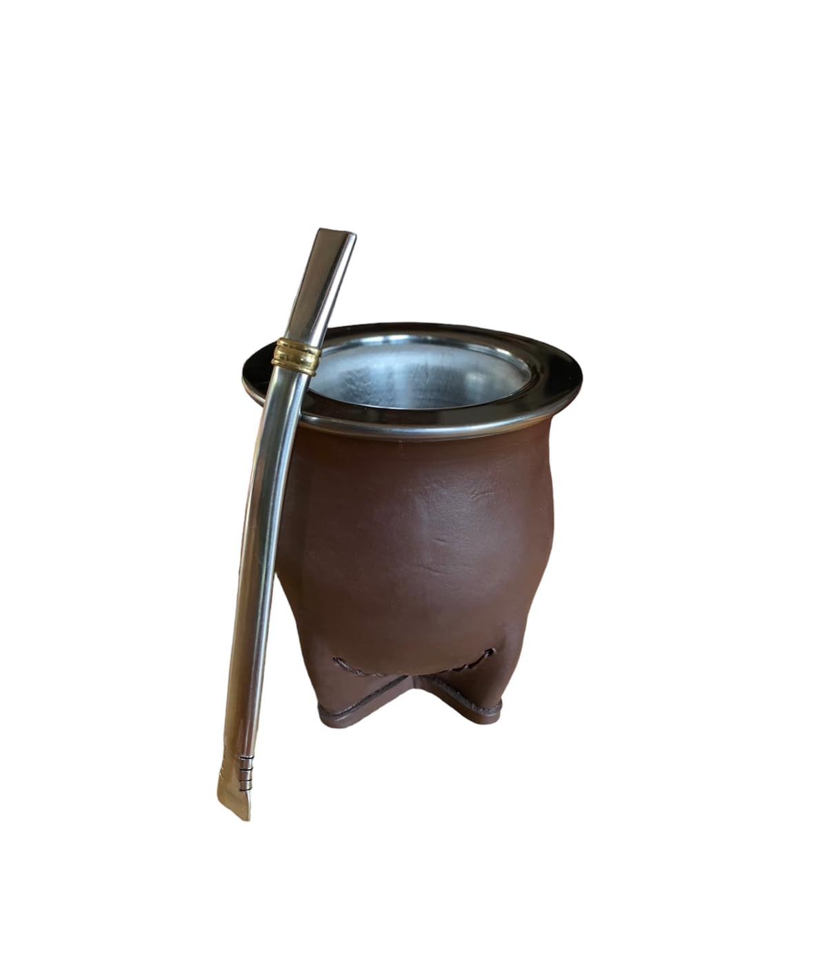 Handcrafted Stainless Steel Argentina Yerba Mate Cup with Leather Cover and Bombilla Mate (Brown)