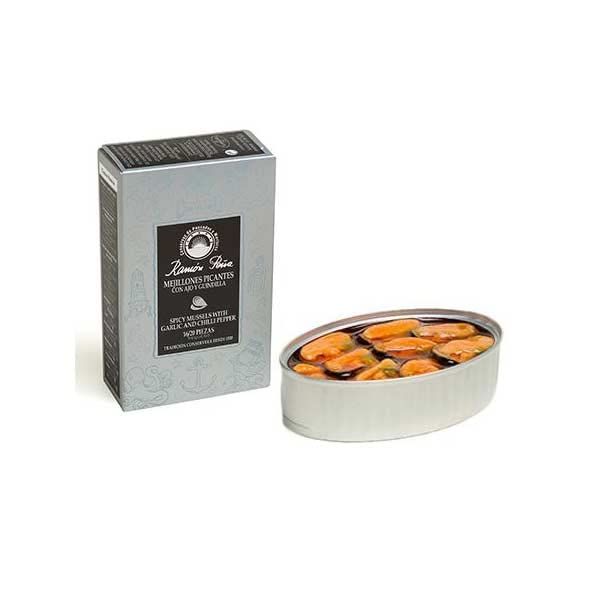 Ramon Pena Canned Mussels in Spicy Chili &amp; Garlic Sauce | Ramon Pena Silver Line Tin | 1 x 110g Can