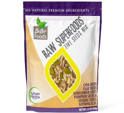 BetterFoods Raw Superfoods Five Seeds Mix | Pumpkin, Sunflower, Chia, Flax, Sesame Seeds Blend for Salads &amp; Snackin | 7g Protein, 1g Net Carbs, High Fiber, Non-GMO, Gluten &amp; Soy-Free | 32oz, Pack of 1