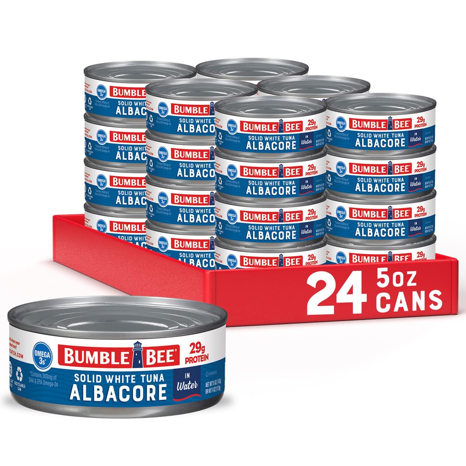 Bumble Bee Solid White Albacore Tuna in Water, 5 oz Can (Pack of 24) - Wild Caught Tuna - 29g Protein per Serving, High in Omega-3s - Non-GMO Project Verified, Gluten Free, Kosher