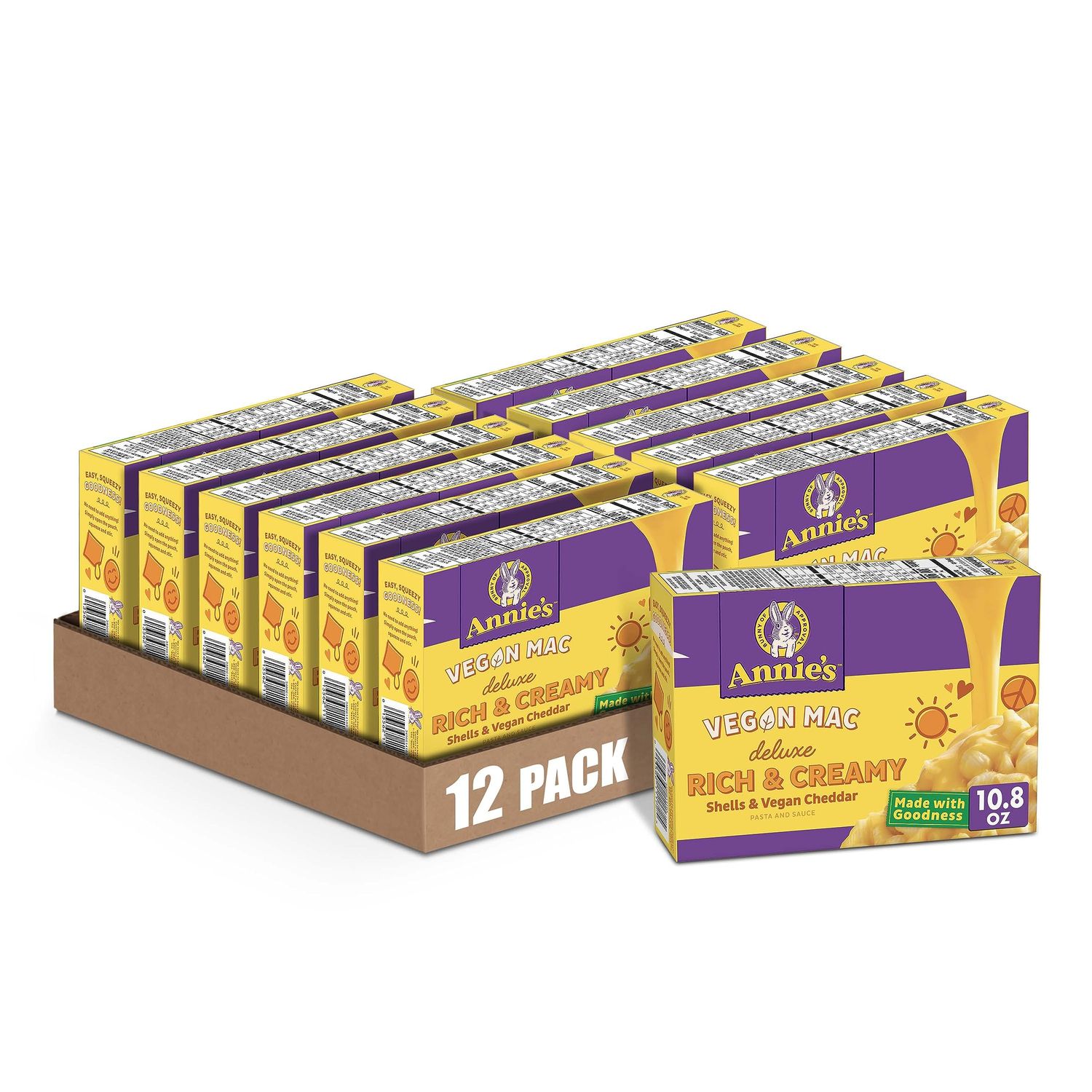 Annie&#39;s Deluxe Vegan Mac and Cheddar Shells, Vegan Macaroni and Cheese, 10.8 oz (Pack of 12)