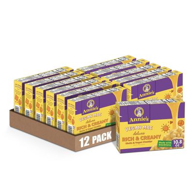 Annie&#39;s Deluxe Vegan Mac and Cheddar Shells, Vegan Macaroni and Cheese, 10.8 oz (Pack of 12)