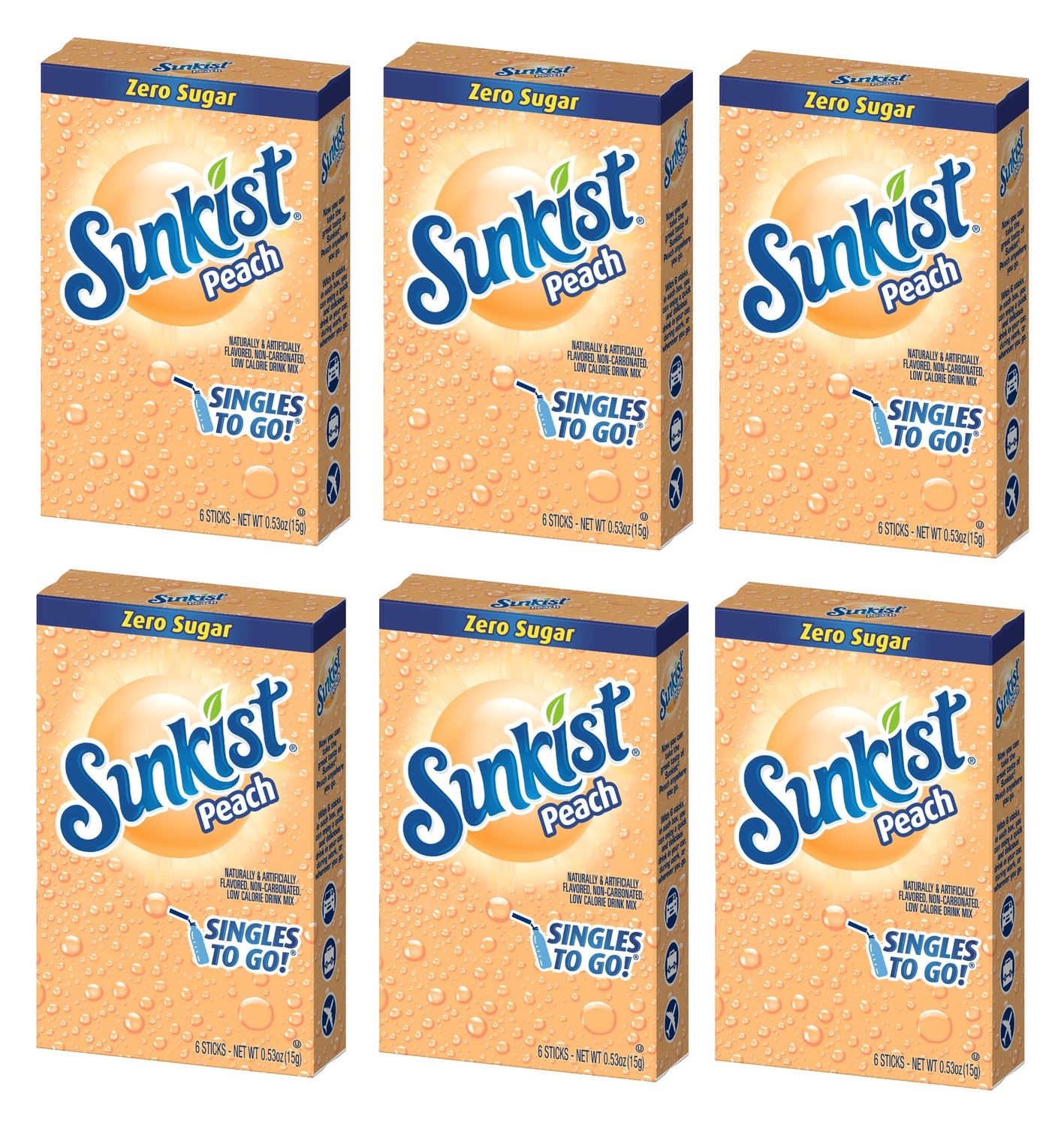 Sunkist Peach Singles To Go Powdered Drink Mix - Pack of 6 Boxes - 6 Packets Per Box - 36 Total Servings - Perfect for Mixing On the Go - Anywhere and Anytime
