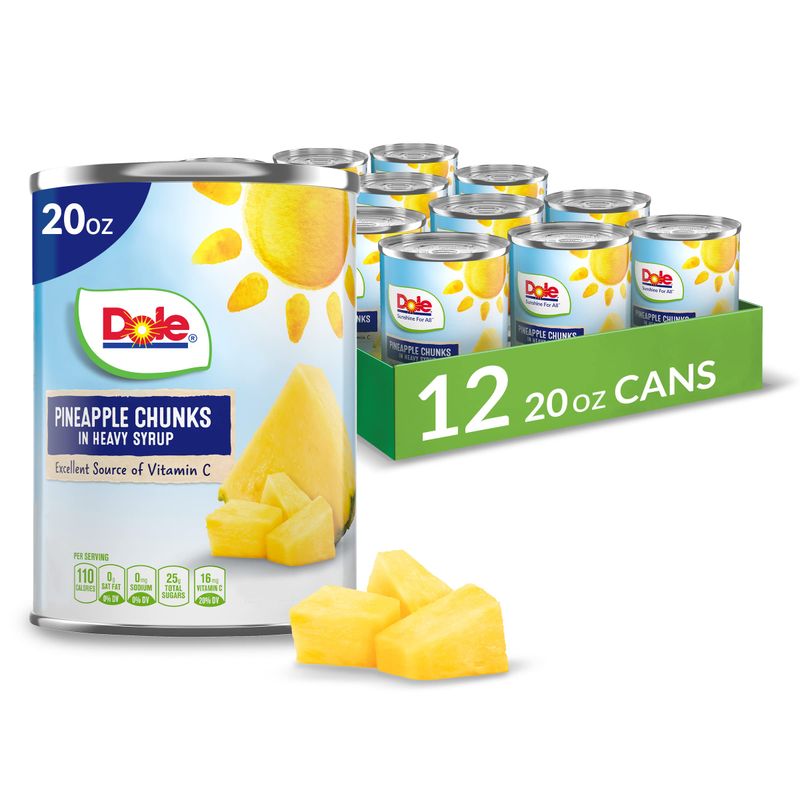 Dole Canned Fruit, Pineapple Chunks in Heavy Syrup, Gluten Free, Pantry Staples, 20 Oz, 12 Count, Packaging May Vary