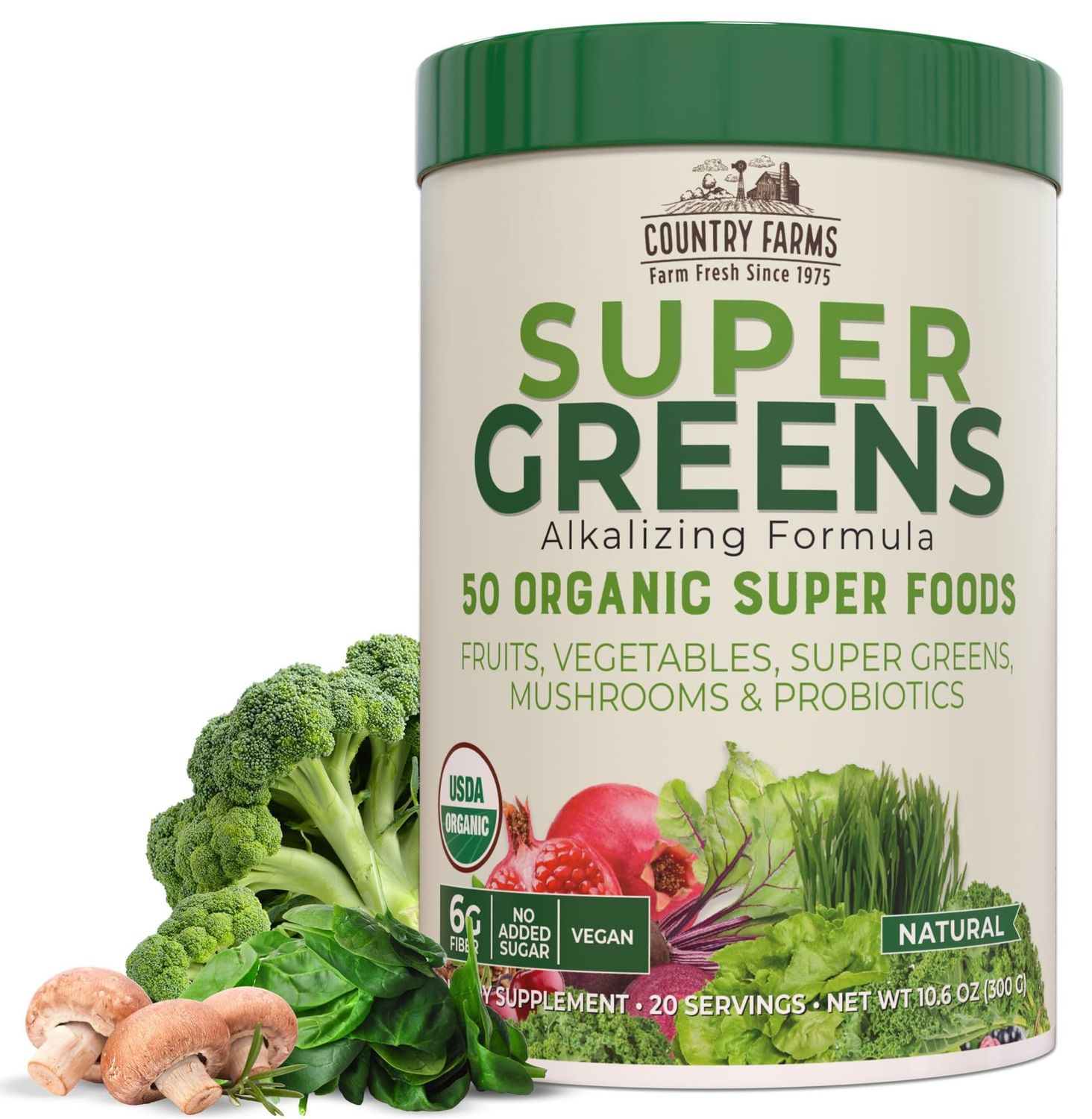 COUNTRY FARMS Organic Super Greens Natural Flavor, 50 Organic Super Foods, Packed with Fiber, USDA Organic Drink Mix, Fruits, Vegetables, Mushrooms &amp; Probiotics, Supports Energy, 6g Fiber