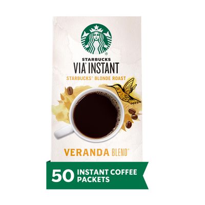Starbucks VIA Instant Coffee, Starbucks Blonde Roast Coffee, Veranda Blend, 100% Arabica, 1 box (50 packets)