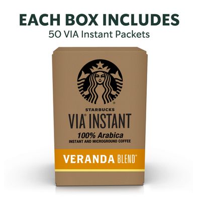 Starbucks VIA Instant Coffee, Starbucks Blonde Roast Coffee, Veranda Blend, 100% Arabica, 1 box (50 packets)