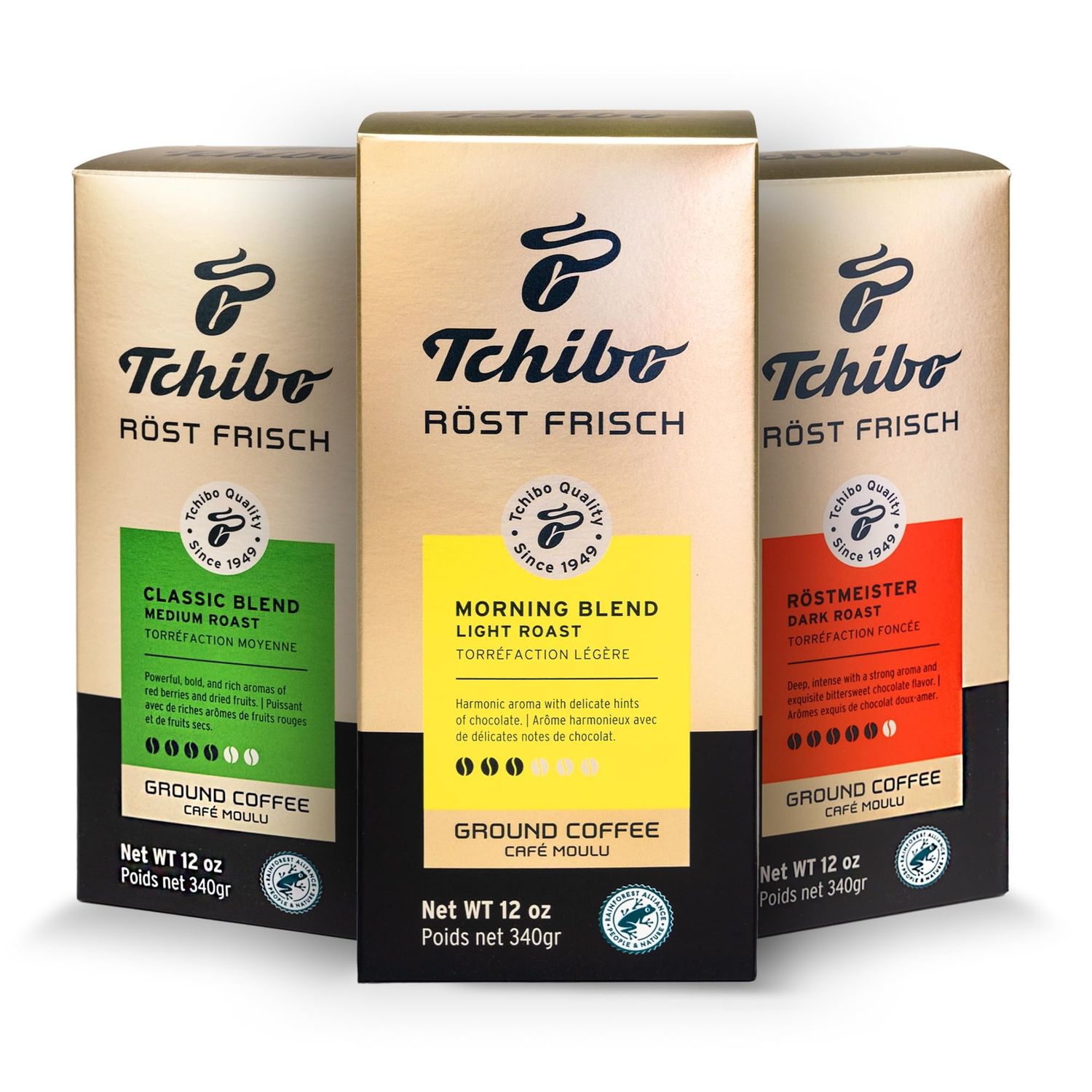 Tchibo Rst Frisch Ground Coffee Variety Pack - Morning Blend, Classic Blend, and Rstmeister - 100% Arabica Beans - Light, Medium and Dark Roast - 3 x 12 oz - Pack of 3
