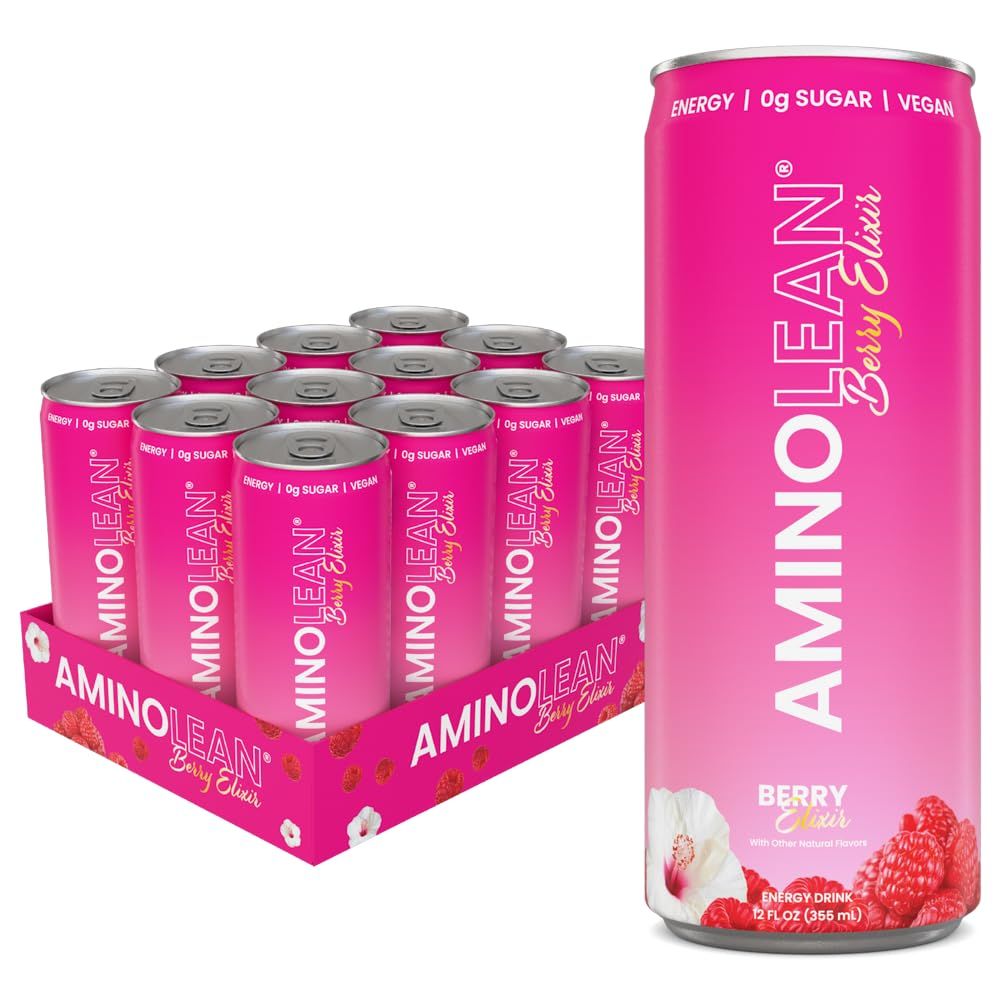 RSP NUTRITION AminoLean Energy Drink - Sugar Free Amino Energy with No Jitters, Tingles, or Crash, Vegan Amino Acids, Berry Elixir, 12 Pack