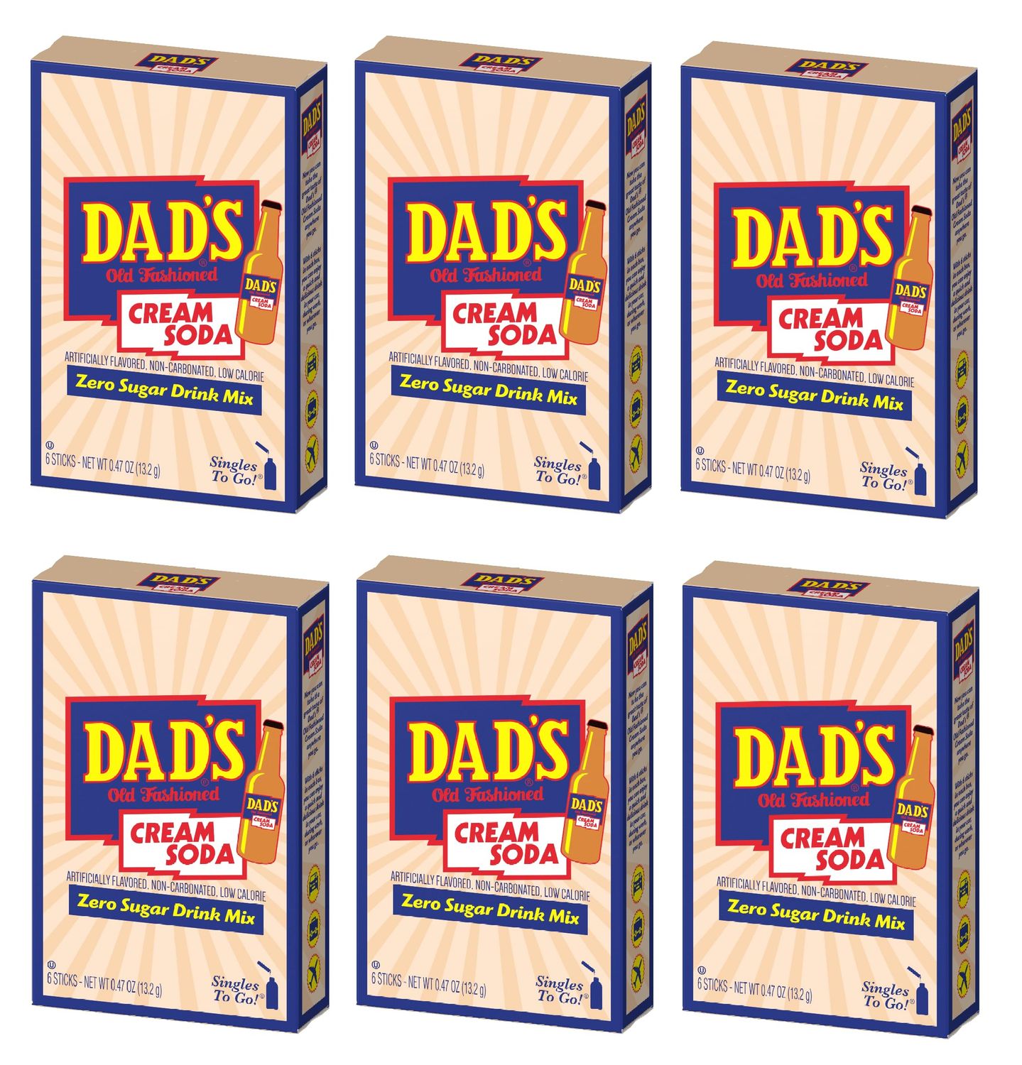 Dad&#39;s Old Fashioned Cream Soda Singles To Go Sugar Free Powdered Drink Mix - Pack of 6-6 Boxes with 6 Sticks Per Box - 36 Total Packets - Low Calorie