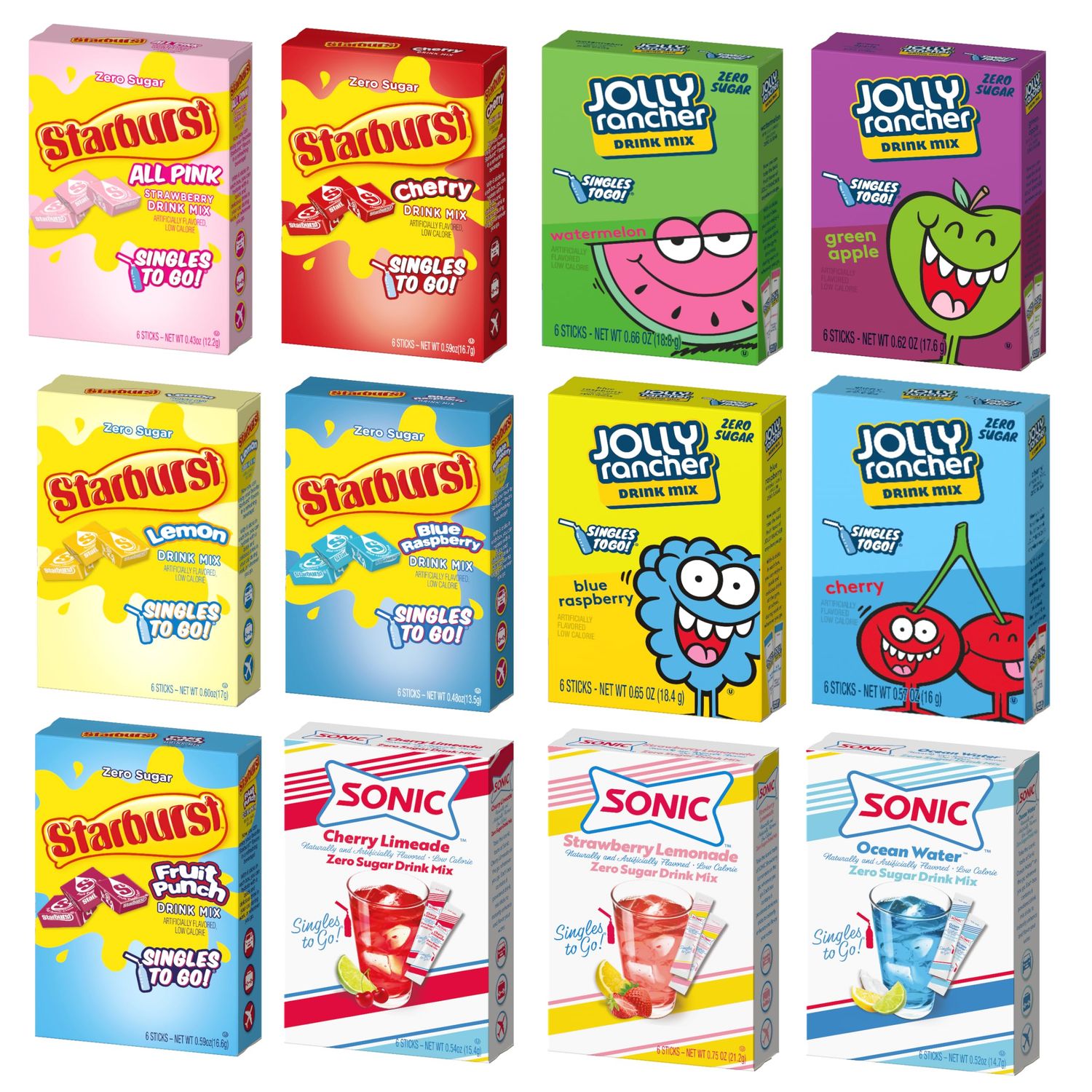 SINGLES TO GO! Drink Mix Variety 12 Pack - 3 Sonic Flavors, 4 Jolly Flavors and 5 Starburst Flavors - Powdered Drink Mix - On the go Convenience