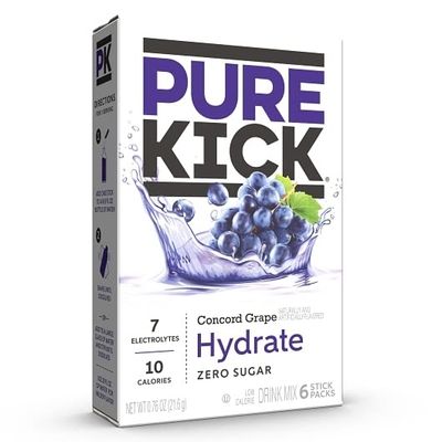 Pure Kick Hydration Singles To Go Drink Mix Concord Grape, 3 Boxes with 6 Packets Each -18 Total Servings