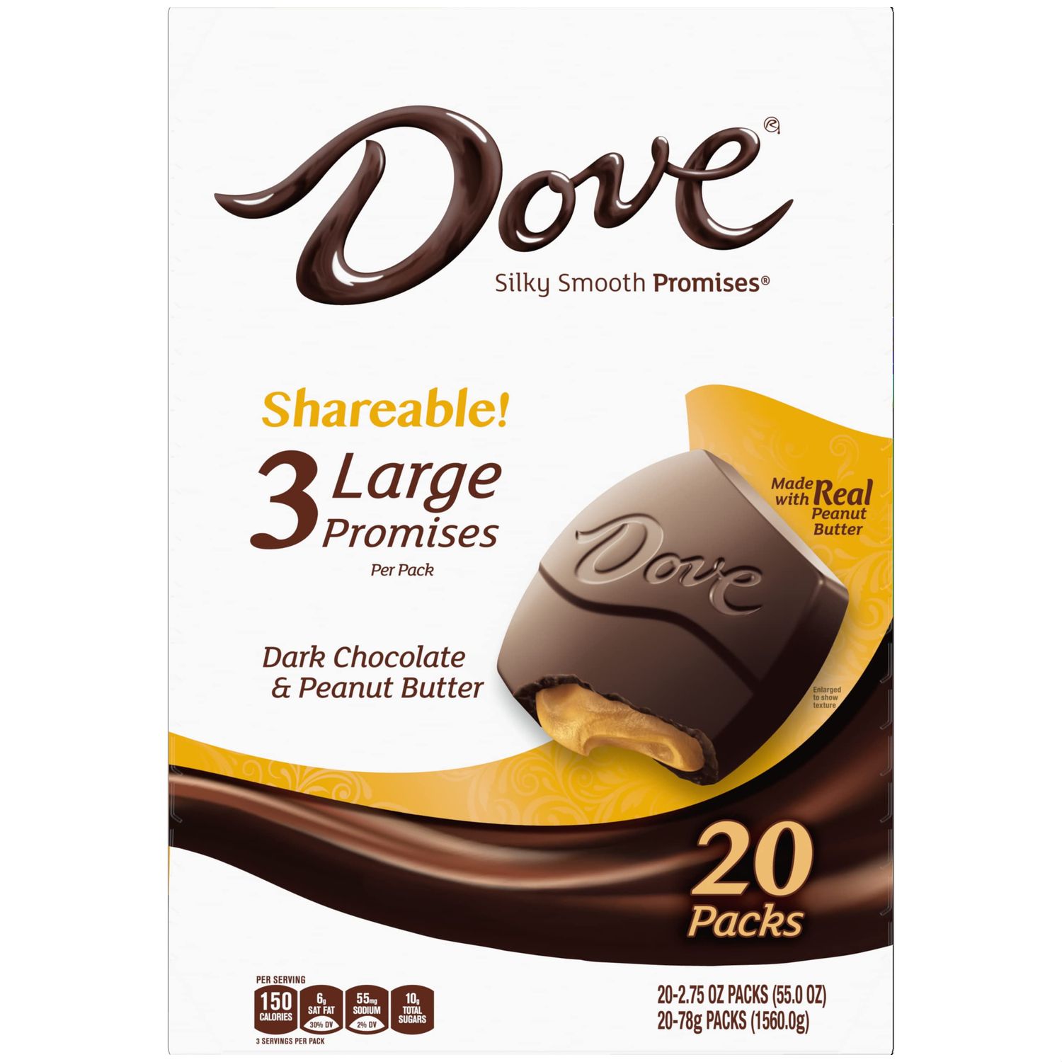 DOVE Large PROMISES Dark Chocolate Peanut Butter Candy, 55 oz, 20 Packs per Carton