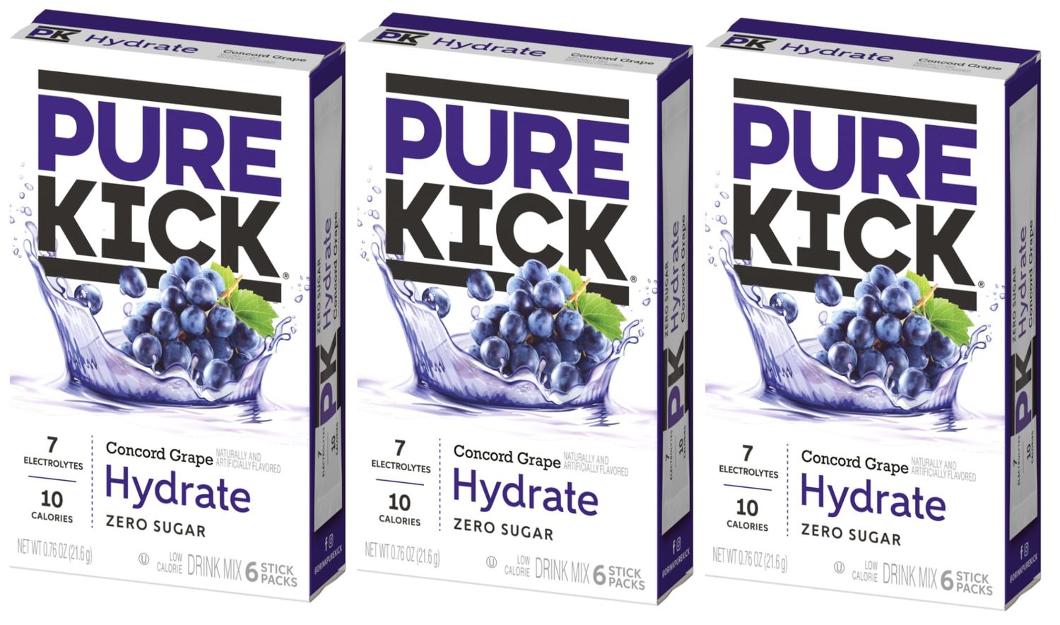 Pure Kick Hydration Singles To Go Drink Mix Concord Grape, 3 Boxes with 6 Packets Each -18 Total Servings