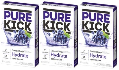 Pure Kick Hydration Singles To Go Drink Mix Concord Grape, 3 Boxes with 6 Packets Each -18 Total Servings