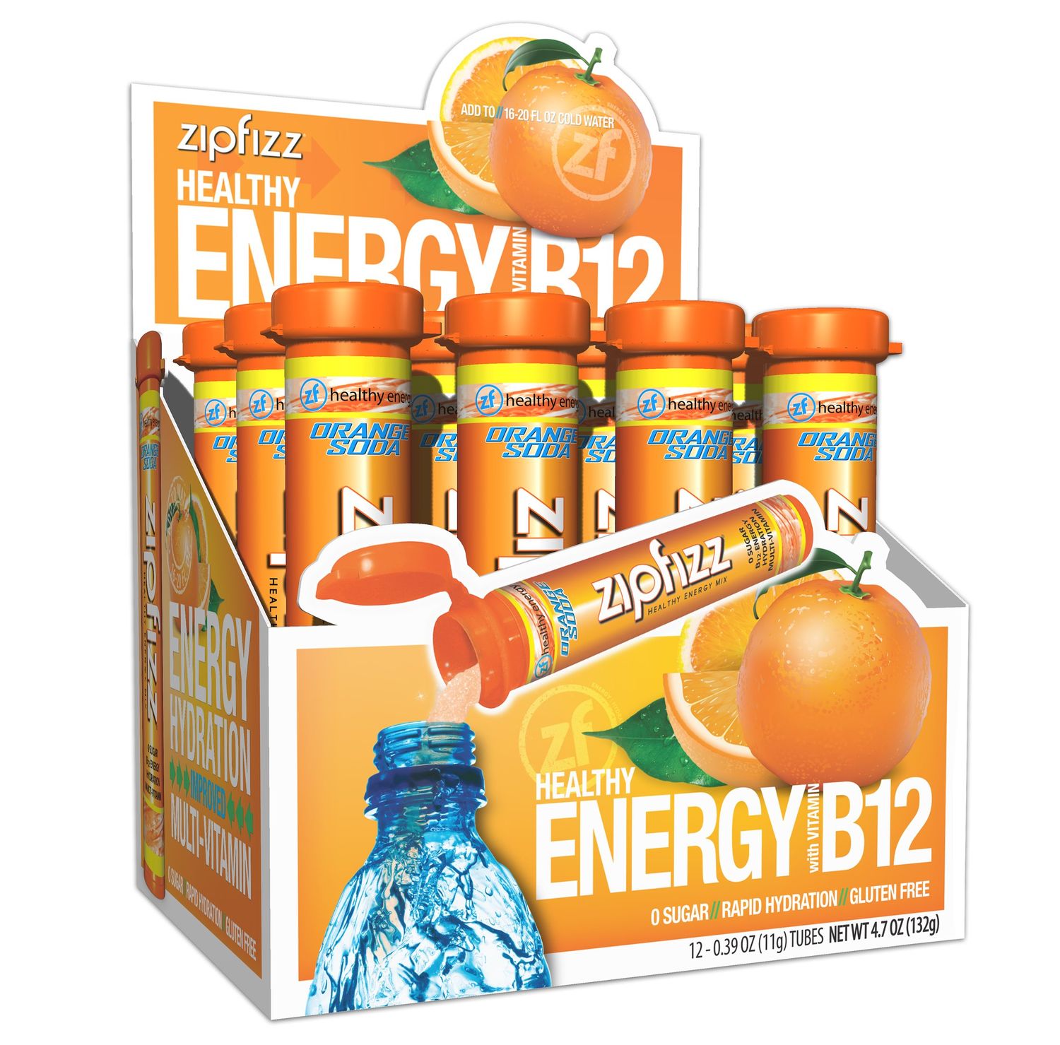 Zipfizz Daily Energy Drink Powder, Orange Soda, 12 Pack | 3-in-1 Sustained Energy, Rapid Hydration, and Essential Vitamins | Sugar-Free | Electrolyte Powder | Contains Vitamin B-12 &amp; Antioxidants
