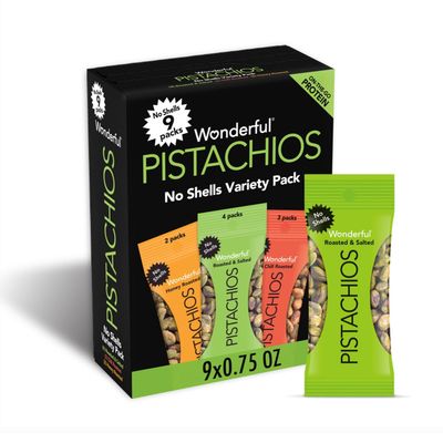 Wonderful Pistachios No Shells, 3 Flavors Mixed Variety Pack of 9 (0.75 Ounce), Roasted &amp; Salted Nuts (4), Chili Roasted (3), Honey Roasted (2), Protein Snack, On-the Go Snack