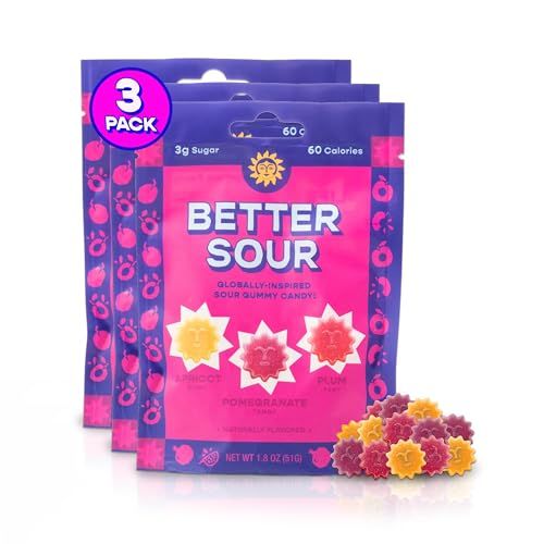 Better Sour Gummies - Apricot, Pomegranate, Plum - Naturally Flavored, Plant-Based, Low Sugar, Healthy Sour Gummy Candy - 3g sugar/60 cal per 1.8 oz Bag, Healthy Treats for Kids &amp; Adults (Pack of 3)