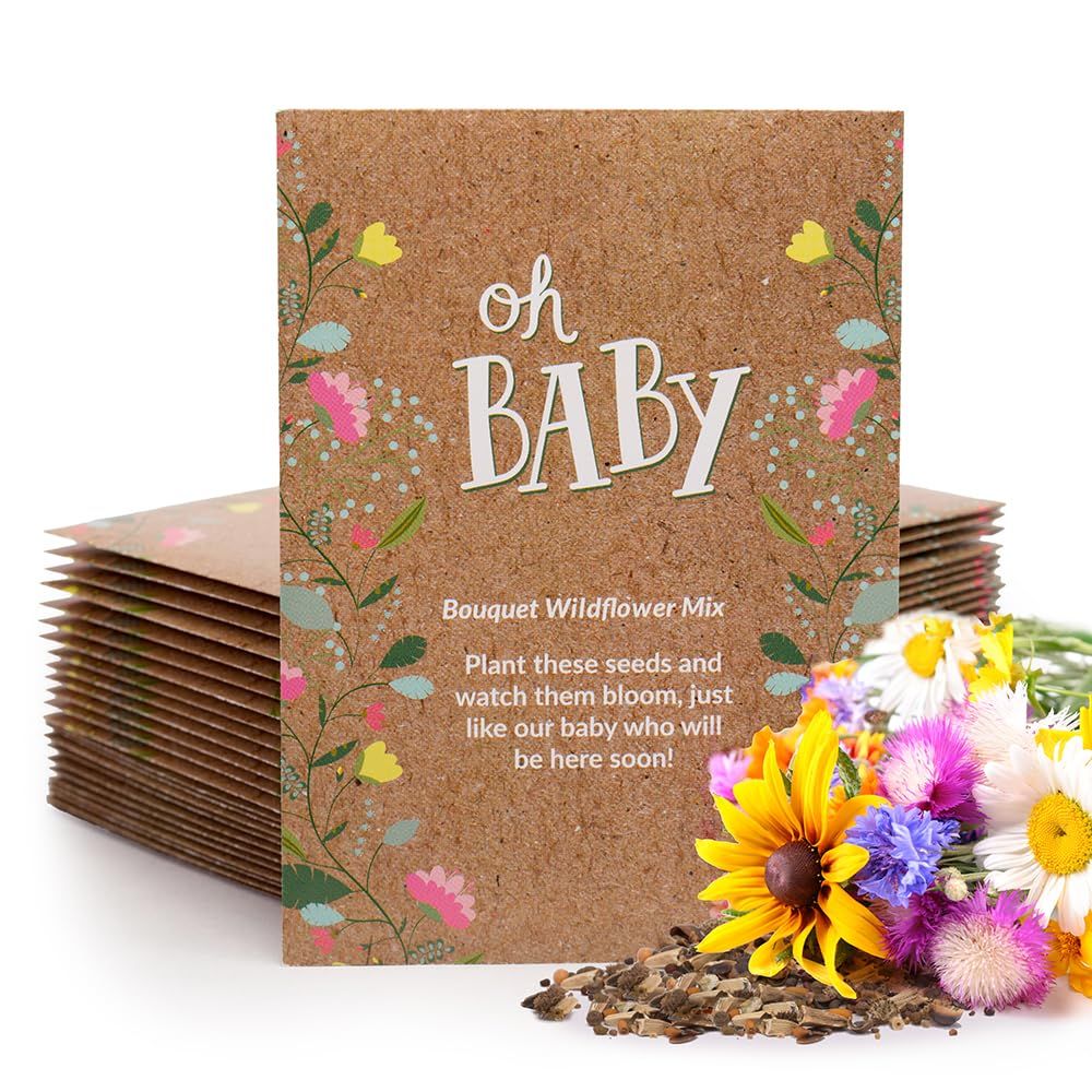 BENTLEY SEED CO. Oh Baby Flower Seeds Packets - Girl/Boy Baby Shower Favors - Pre-Filled, 25 Wildflower Seed Packs for Favor - Eco-Friendly Gift &amp; Babys Guest Giveaways - Non-GMO Seeds - Brown Envelop