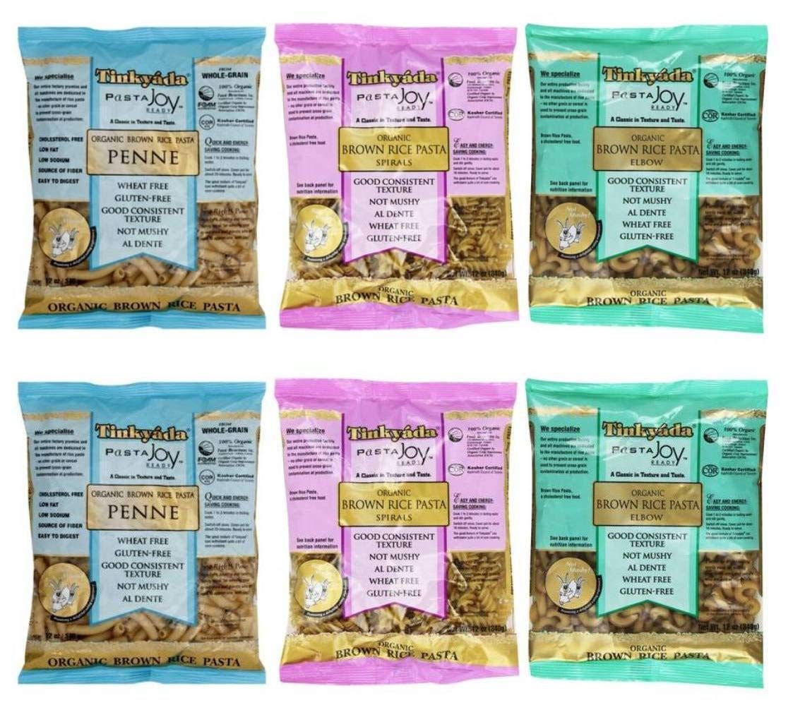 Tinkyada Organic Gluten-Free Brown Rice Pasta 3 Shape Variety Bundle: (2) Elbow Pasta, (2) Spirals Pasta, and (2) Penne Pasta, 12 Ounce Ea.