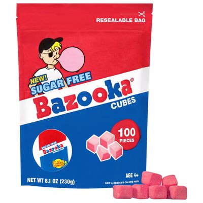 Bazooka New Sugar-Free Bubble Gum Cubes Bag - 100 Count Original Flavor, Resealable Stand-Up Pouch, Bulk Gum Perfect for Sharing, Ideal for Parties &amp; Vintage Themes, Nostalgic Chewing Gum