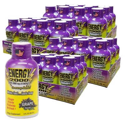 Global Brands Energy 2000 Drink Shot Packs, Over 220mg of Caffeine, No Crash, 48-2oz Bottles (Pack of 48) (Grape)