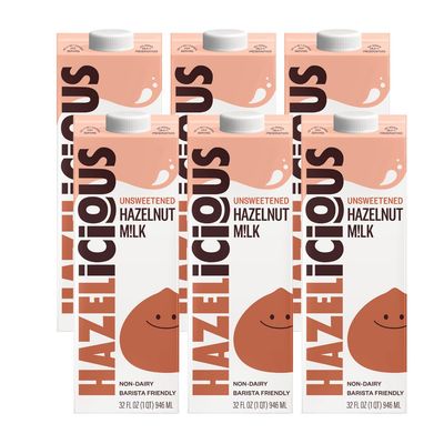 Hazelicious Unsweetened Hazelnut Milk, Vegan, Non-GMO, Non-Dairy and Plant-Based, Froths Perfectly and Barista-Friendly, No Added Sugars, 32 oz Cartons (Pack of 6)