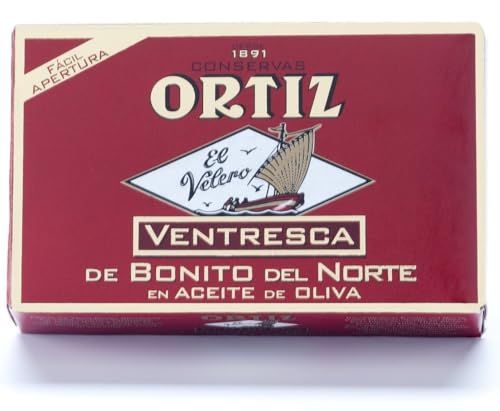 Ortiz Ventresca White Tuna Belly in Olive Oil, Tender Buttery Fillets with Exquisite Flavor, Superior Wild Caught Tuna Packed in Delicate Spanish Olive Oil, 3.88oz Can (Pack of 1)