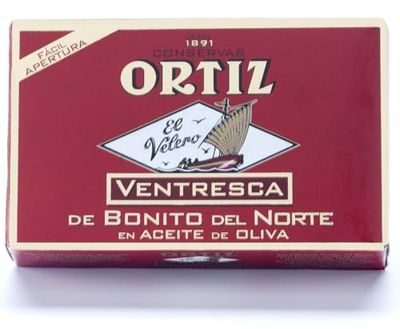 Ortiz Ventresca White Tuna Belly in Olive Oil, Tender Buttery Fillets with Exquisite Flavor, Superior Wild Caught Tuna Packed in Delicate Spanish Olive Oil, 3.88oz Can (Pack of 1)
