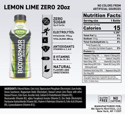 BODYARMOR ZERO Sugar Lemon Lime, Sugar Free Sports Drink - Low-Calorie Hydration - Natural Flavors with Potassium Packed Electrolytes, Antioxidants, and B-vitamins, 20 fl oz (pack of 6)